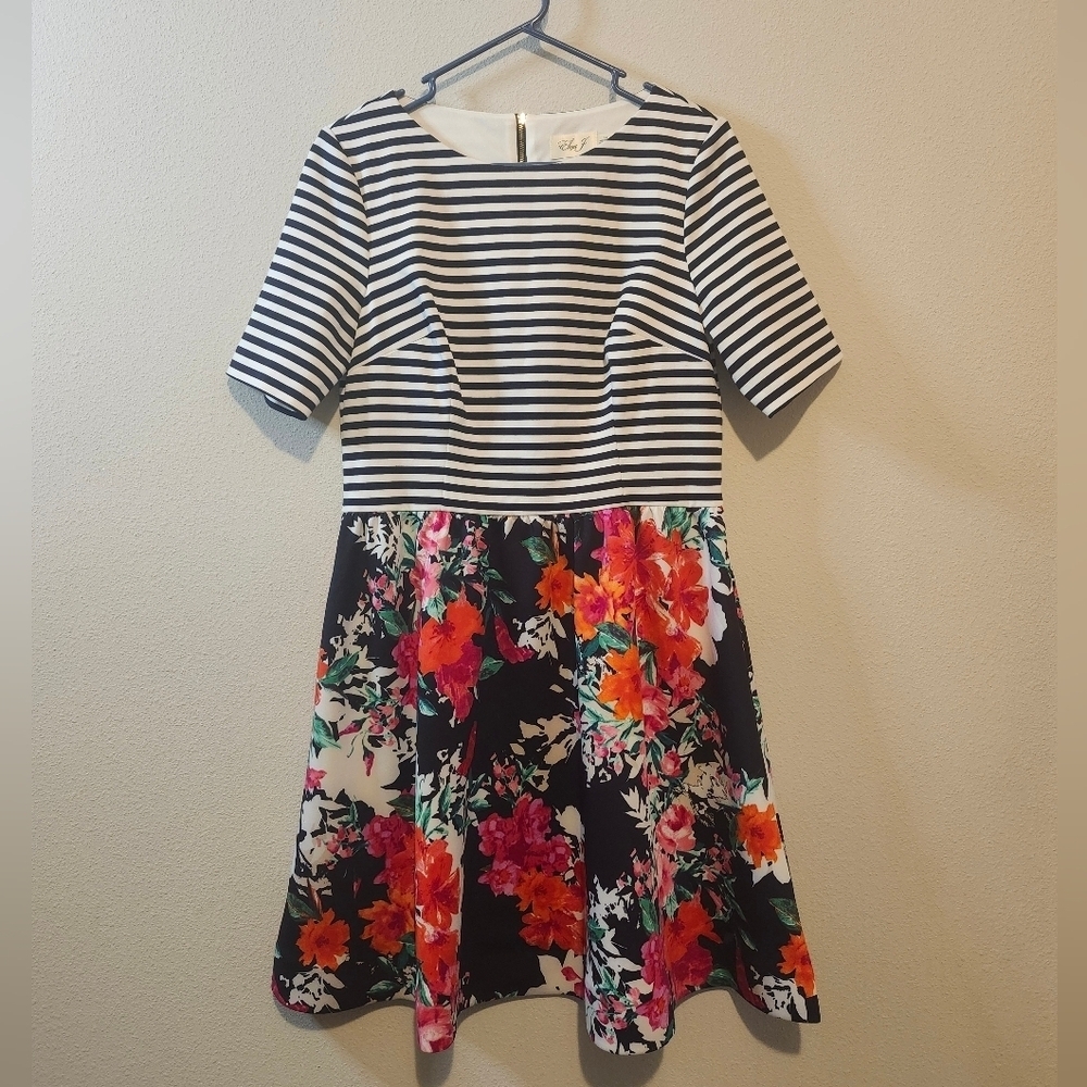 Eliza J size 14 Striped and Floral Mixed Media Scuba Ruffle Dress Brand New!